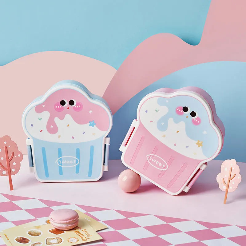Creative ice cream shaped plastic lunch box with spoon and fork in blue or pink colours