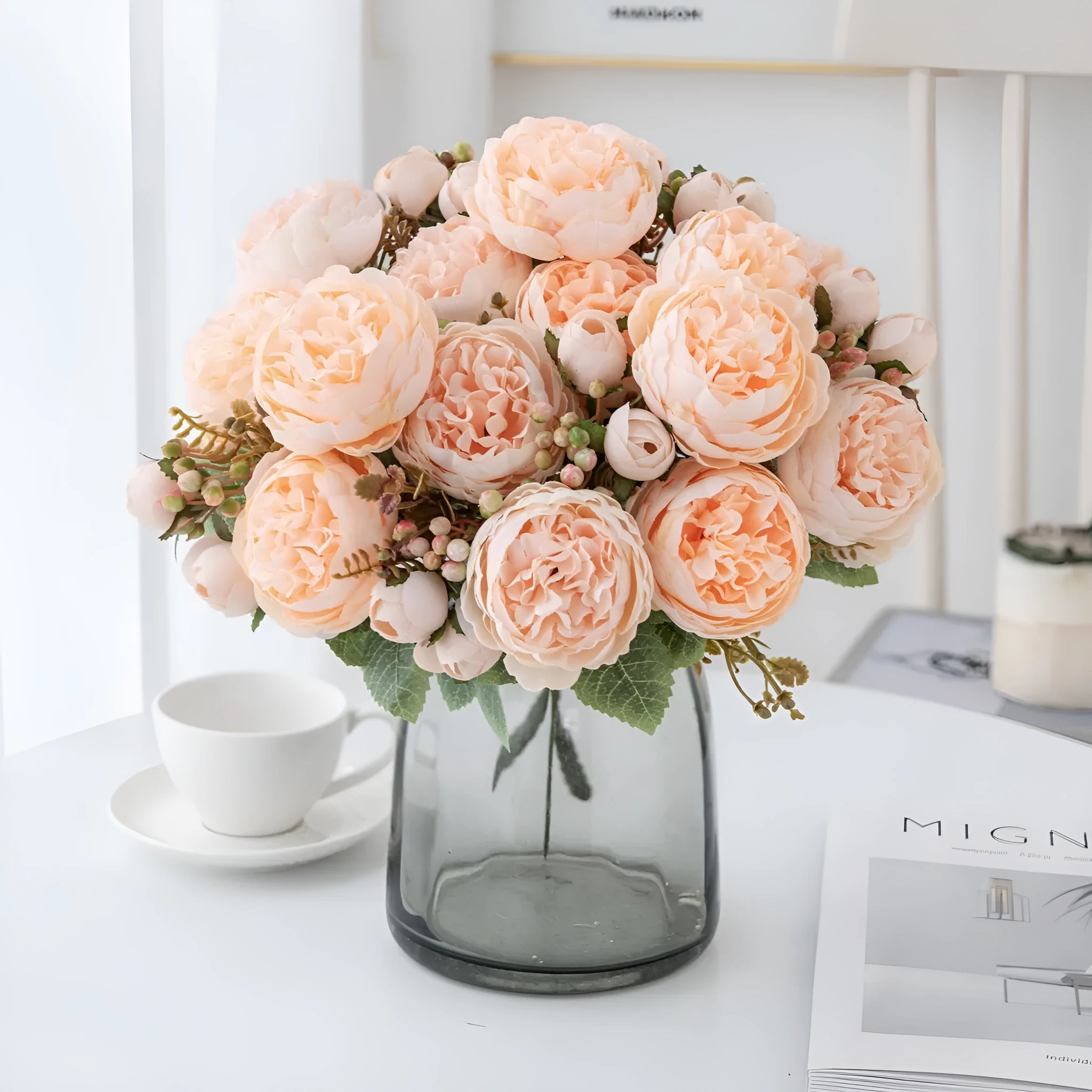 Silk artificial peony bouquet in champagne, pink, purple, sand red, or white colours for decorative use