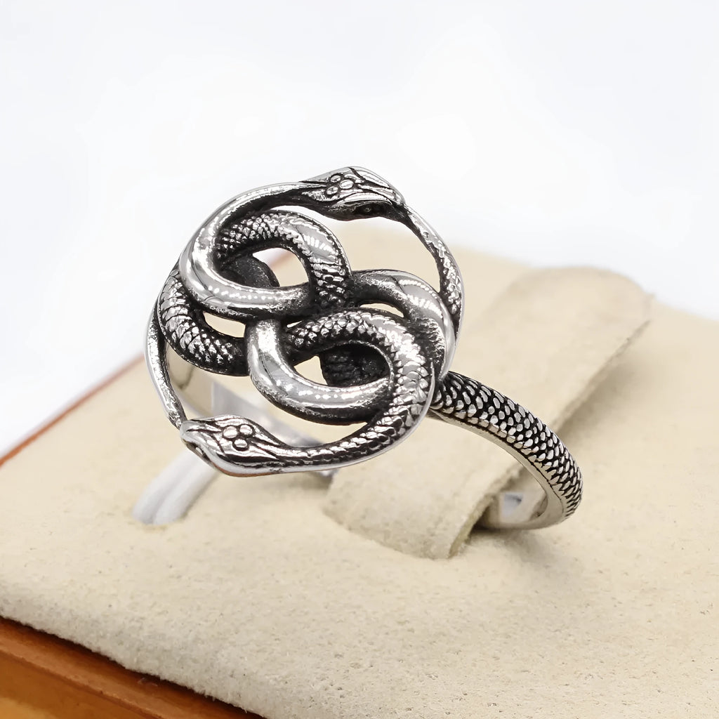 Retro titanium steel double snake ring in cold wind steel colour showing detailed serpent design