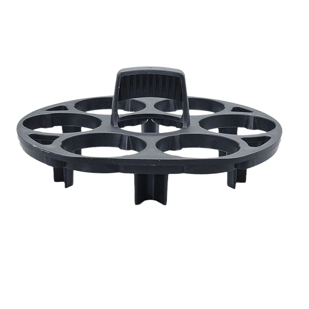 A black plastic egg holder rack for kitchen cooking machine storage, shown with dimensions.