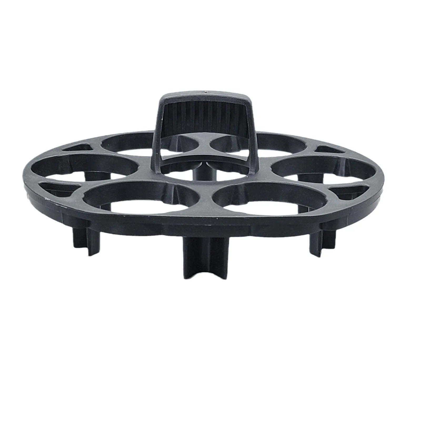 A black plastic egg holder rack for kitchen cooking machine storage, shown with dimensions.