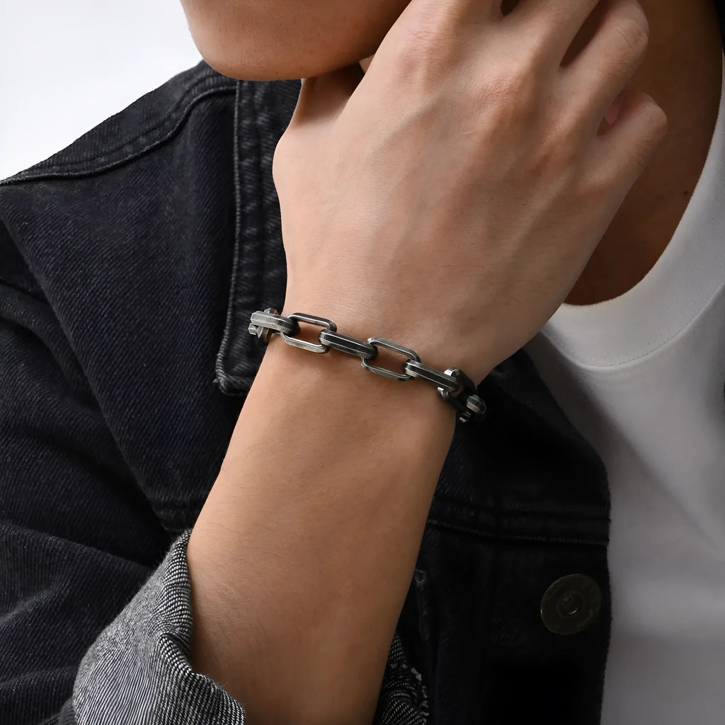 Men's simple square chain titanium steel bracelet in steel, gold, black, and retro colour options.