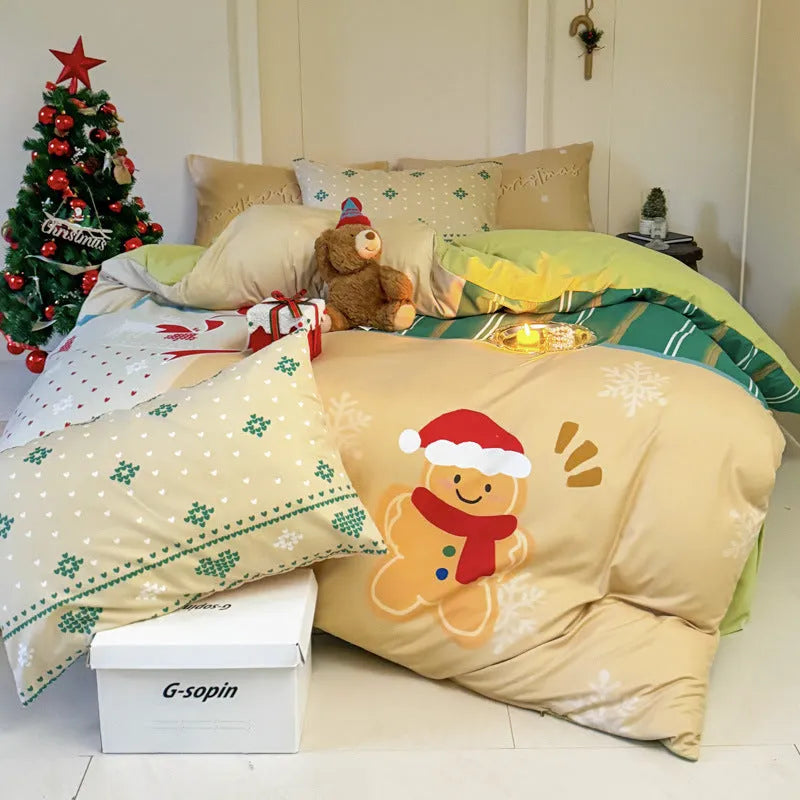 Super soft washed cotton cartoon printed bedding four-piece set on a bed, showing Gingerbread Man design.