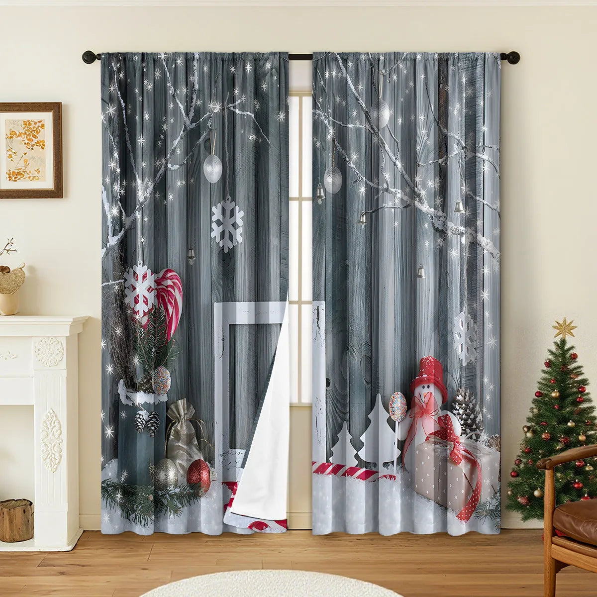 A pair of 3D digitally printed Christmas curtains with a festive European pattern hung on a window.