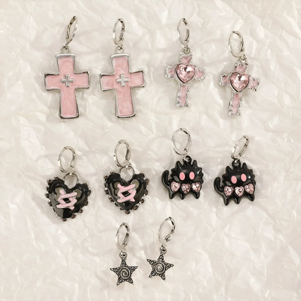 Women's classic alloy earrings with cross and heart motifs and dripping oil finish