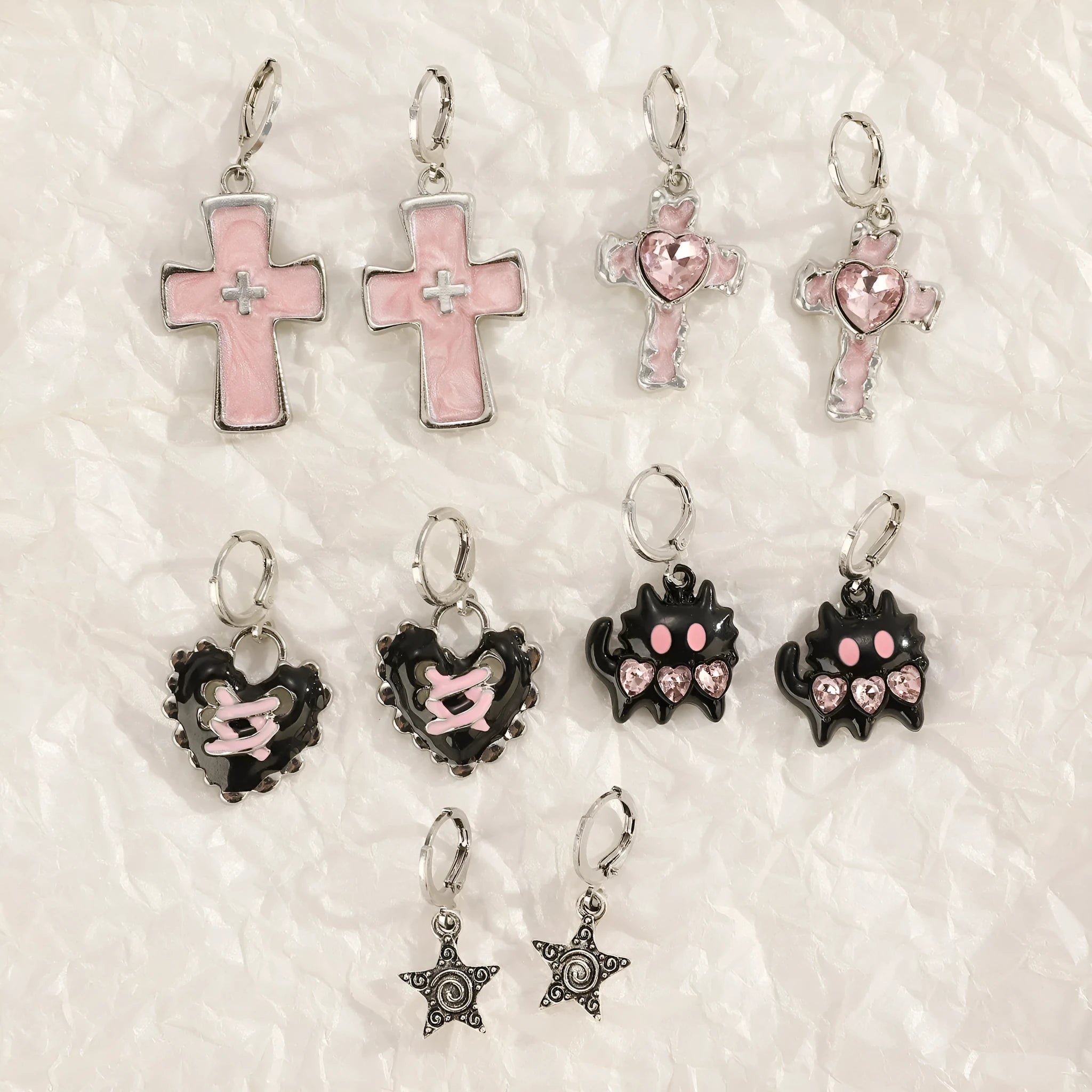 Women's classic alloy earrings with cross and heart motifs and dripping oil finish