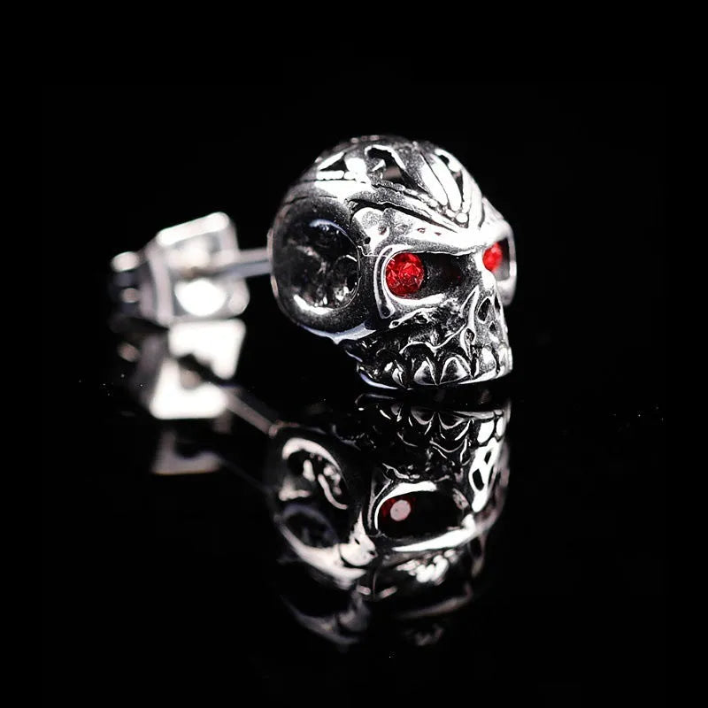 Retro skull stud earrings with red eye ghost head design and alloy construction