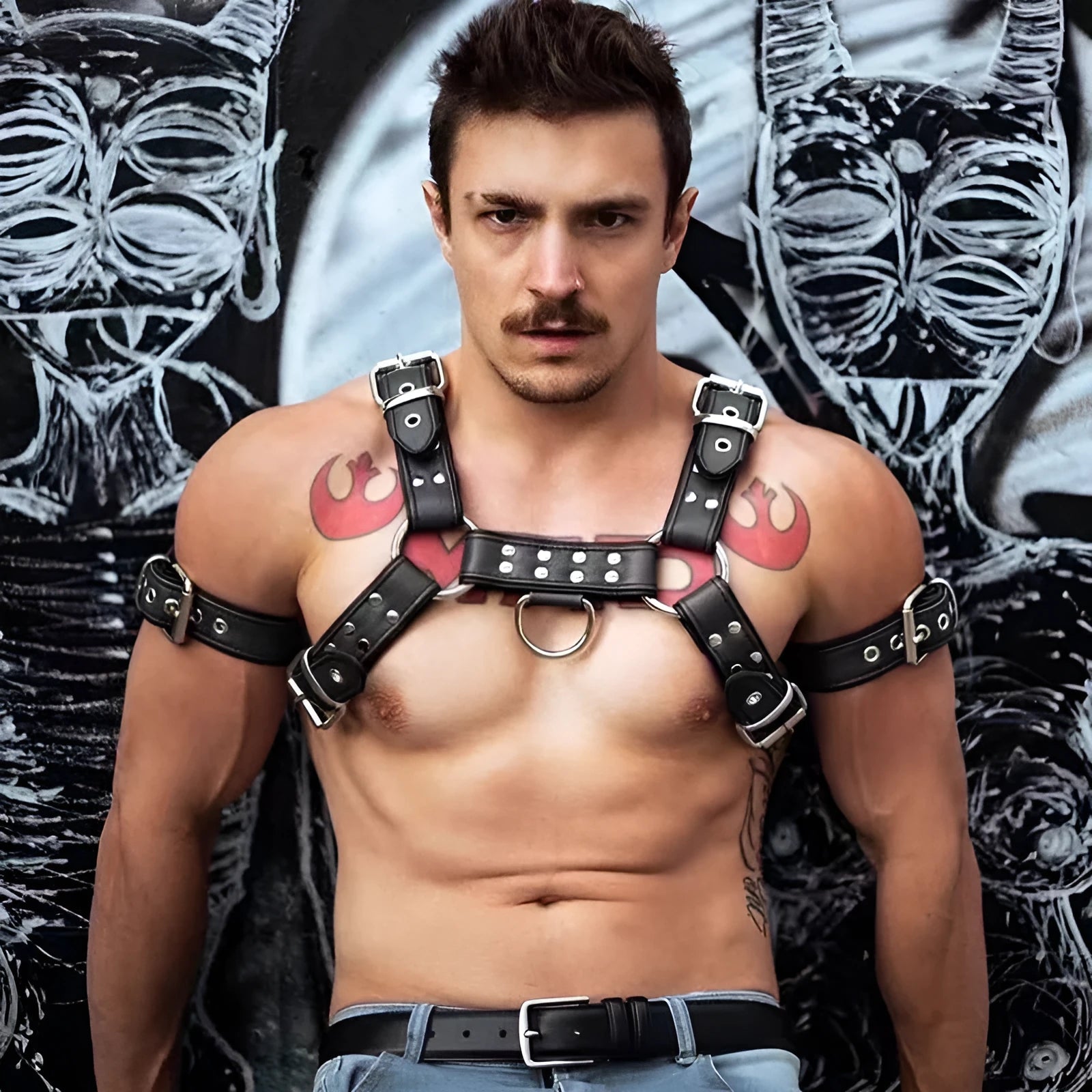 Black leather chest bondage strap with metal buckle for adult male costume use