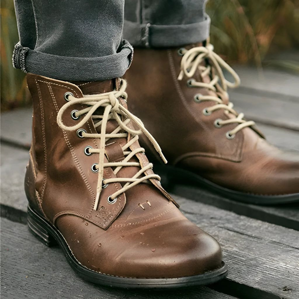 Men's black and brown Knight Series leather boots with side zip and low heel