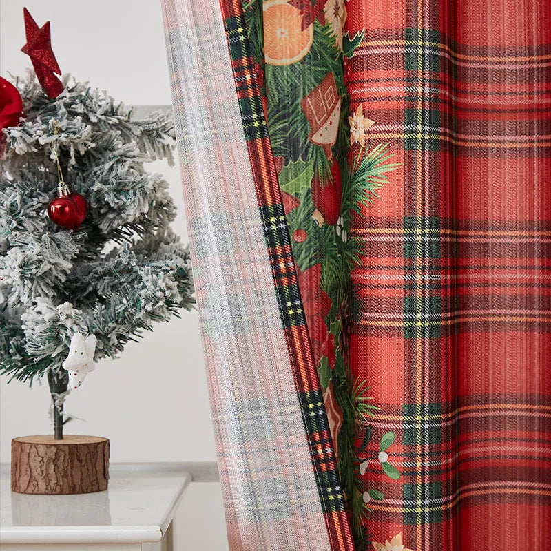 Rectangular printed Christmas curtain with semi-sunshade fabric on a window.
