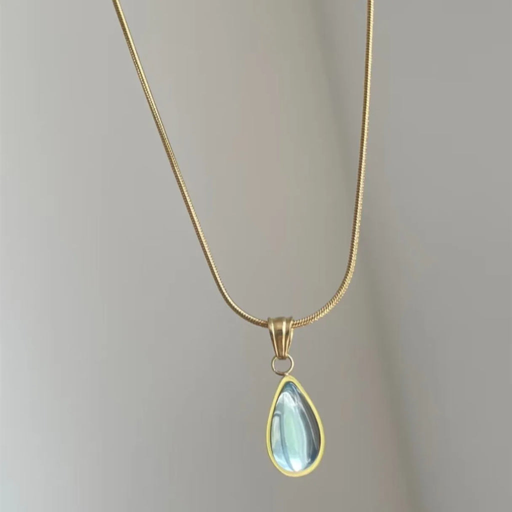 Water drop necklace with gem inlay pendant on titanium steel snake bones chain in blue or green
