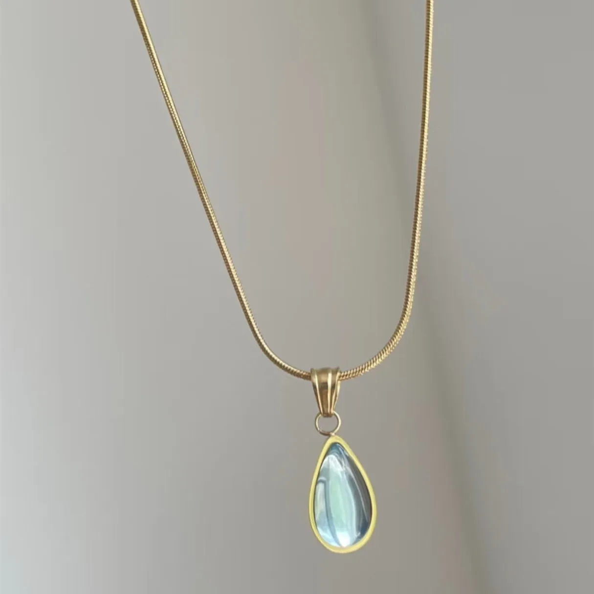 Water drop necklace with gem inlay pendant on titanium steel snake bones chain in blue or green