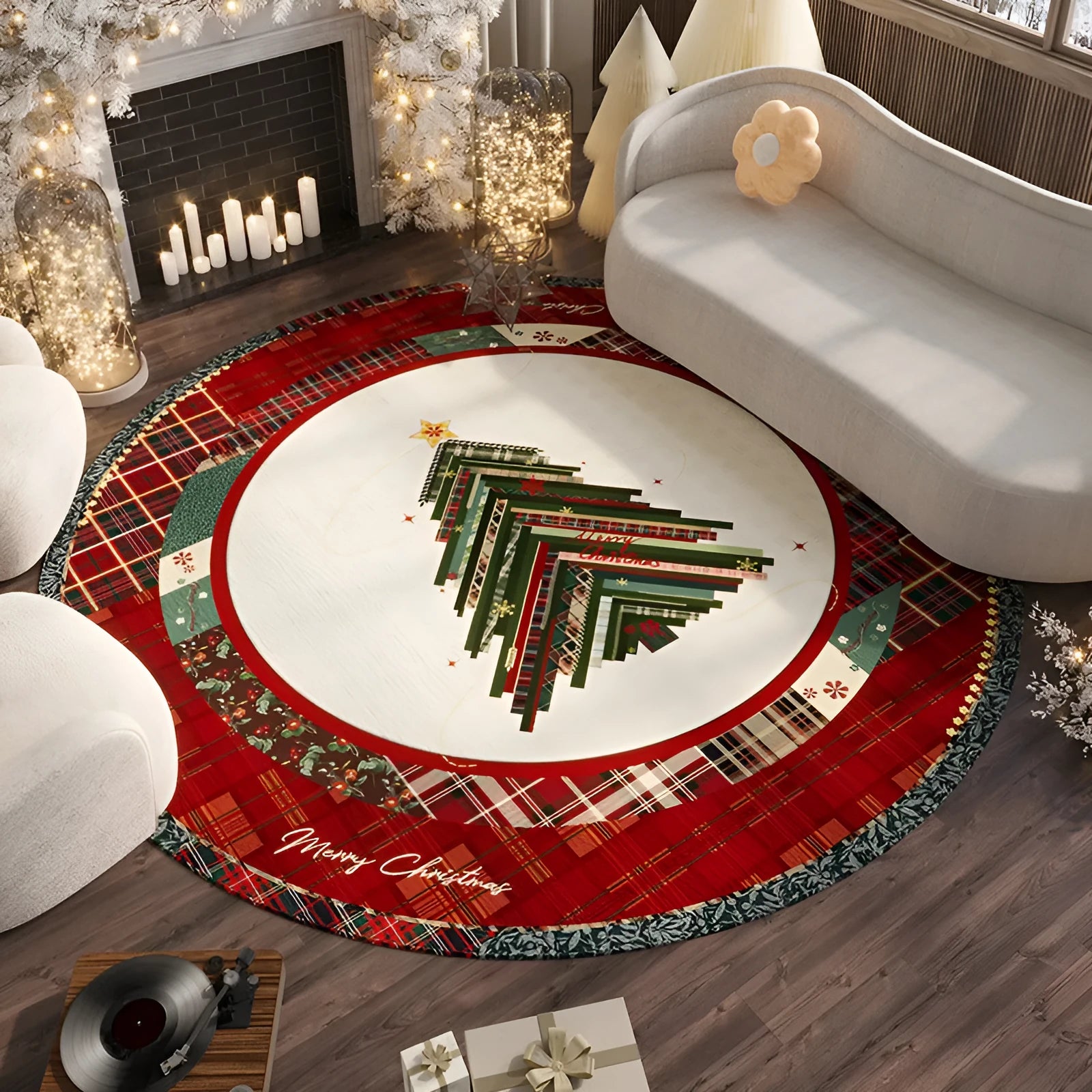 Red Christmas round floor mat with festive pattern in living room setting