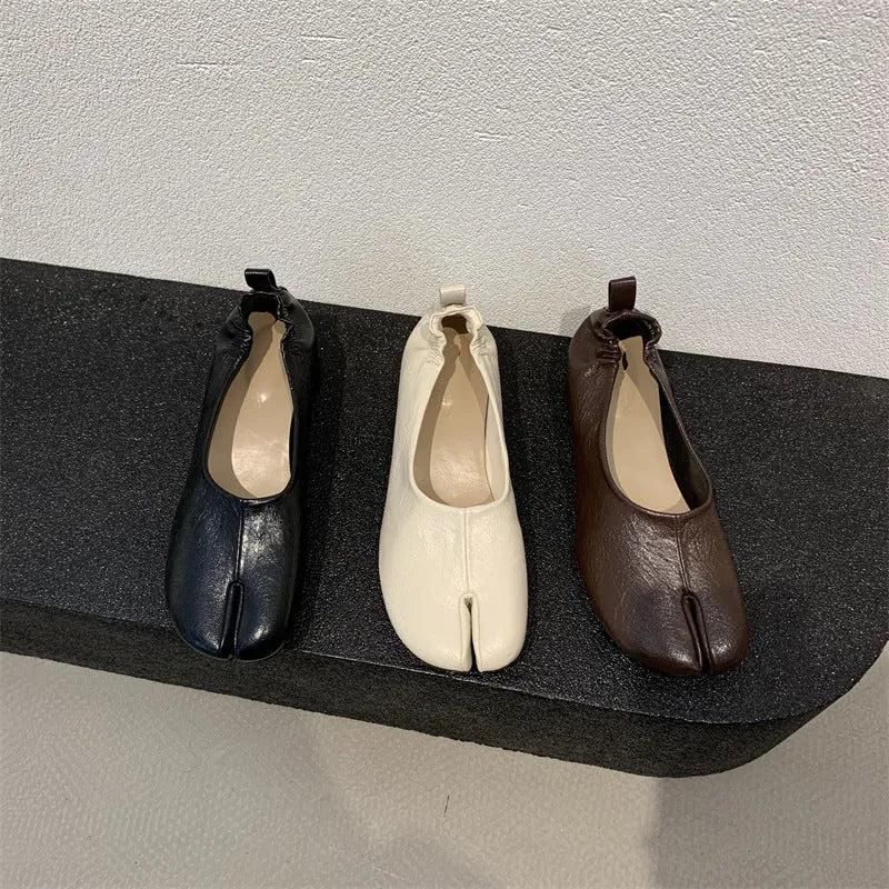 Women's split toe chunky heel pumps in black, apricot, or brown with round toe and rubber sole