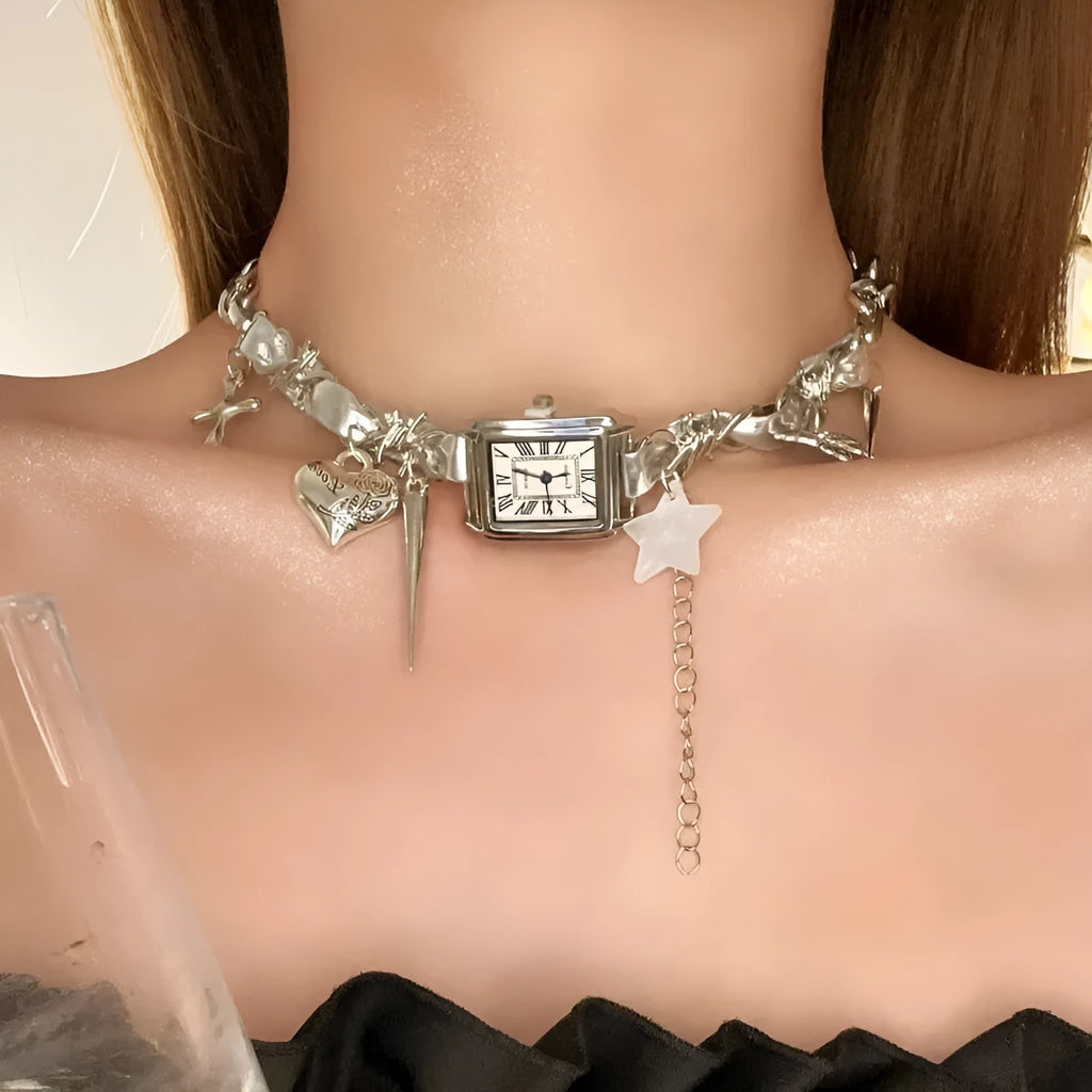 Dark multi-layer women's necklace with cross pendant and twin adjustable clavicle chains