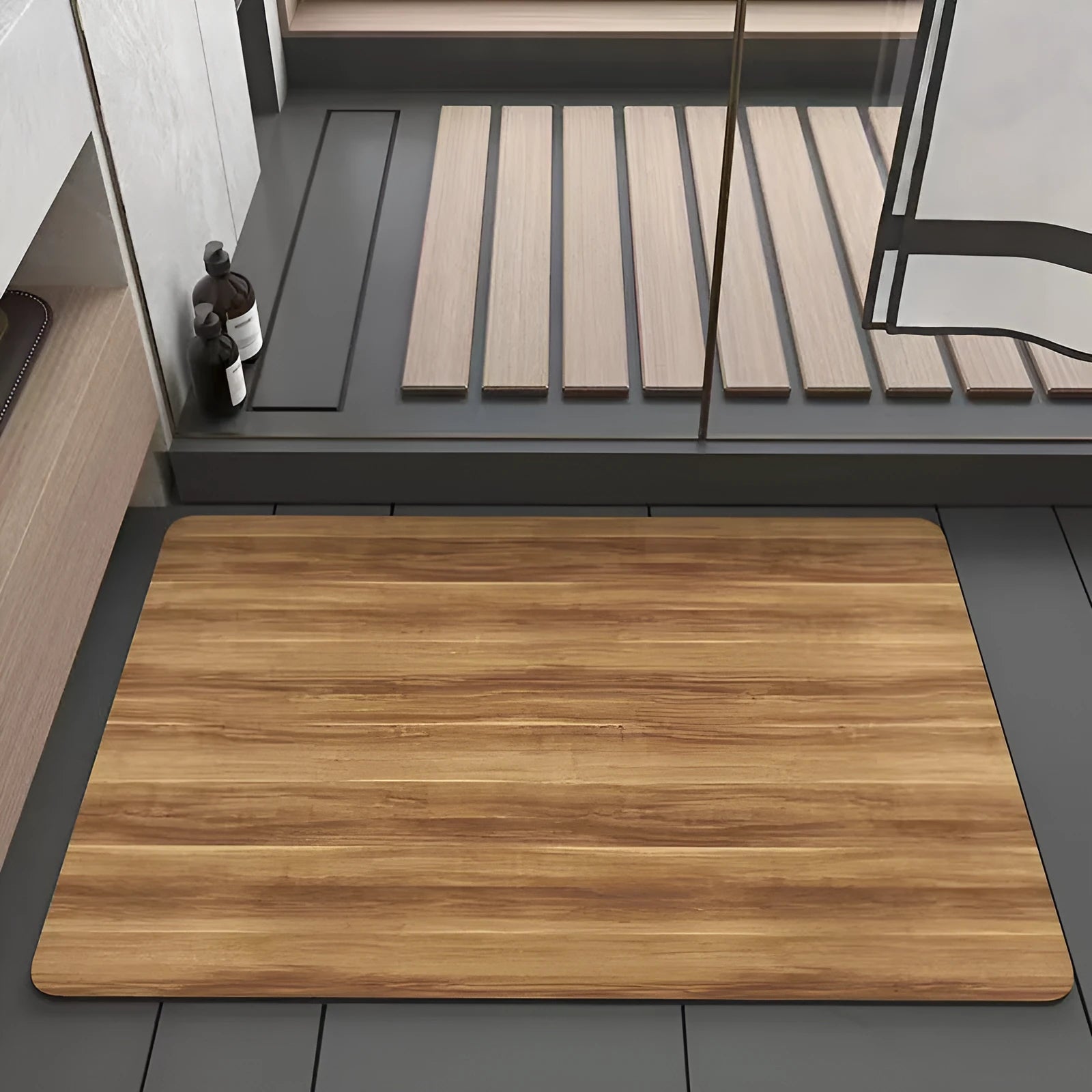 American wood grain pattern diatom mud bathroom floor mat in square shape on bathroom tiles