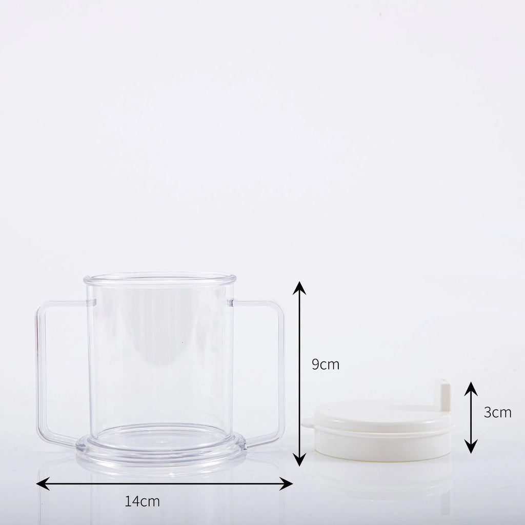 Transparent plastic drinking cup with spill-proof lid, 14cm height