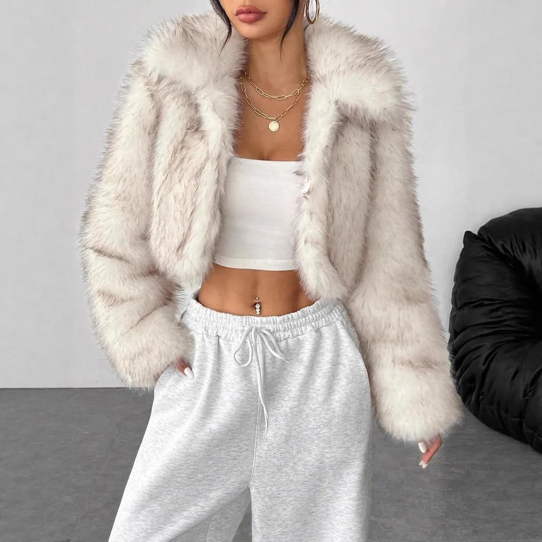 Artificial fur coat with fur collar in multiple colour options including black tip and Maojian tea patterns