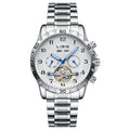 Men's silver automatic perpetual calendar watch with stainless steel strap and sapphire crystal glass