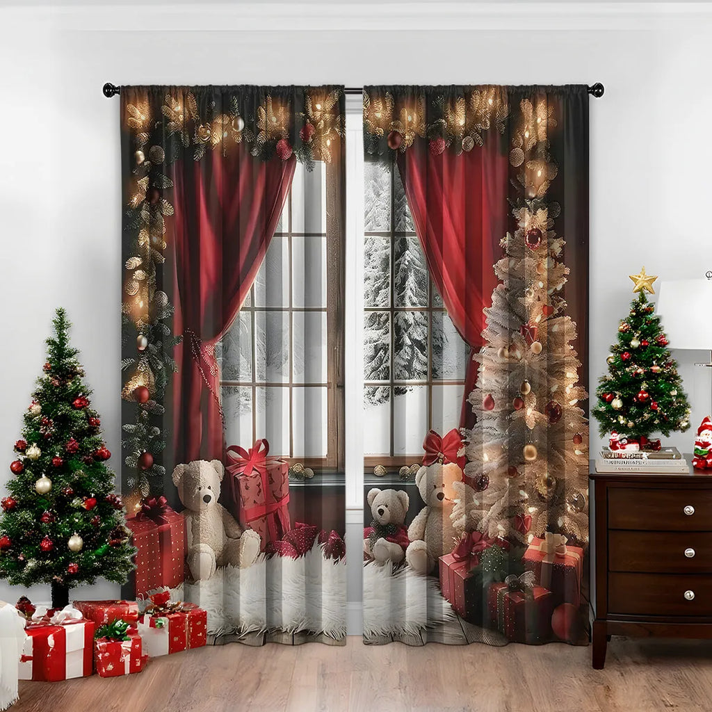 A pair of 3D digitally printed Christmas curtains with a festive European pattern hung on a window.