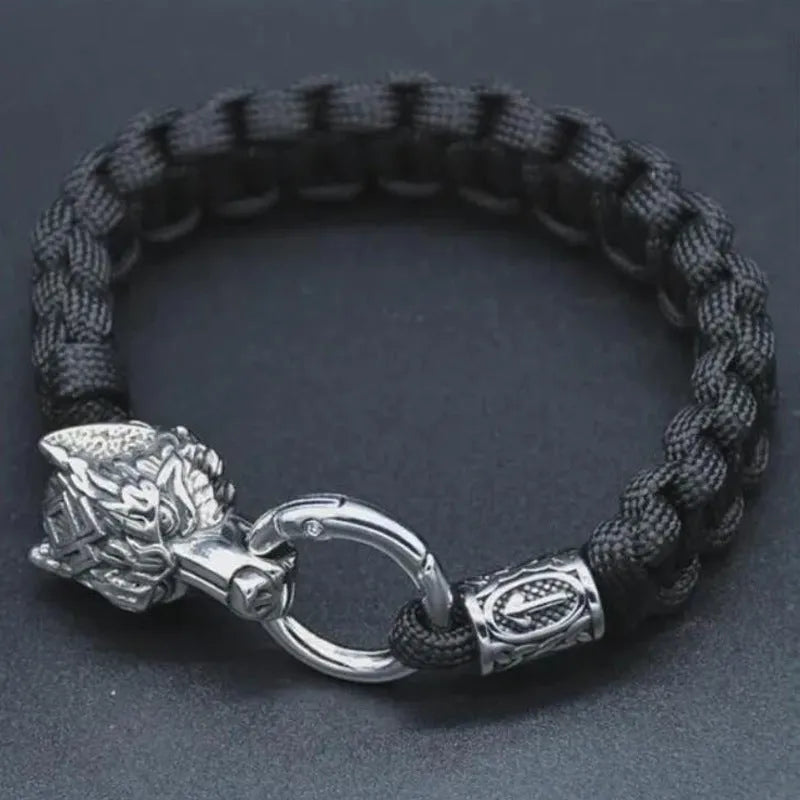 Handmade stainless steel Luen wolf head bracelet in camouflage colour showing size options.
