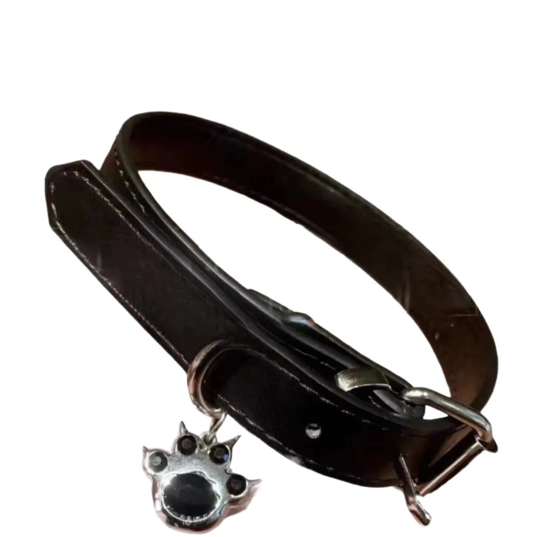 Black leather dog collar with bell pendant showing three design options adjustable from 21cm to 50cm