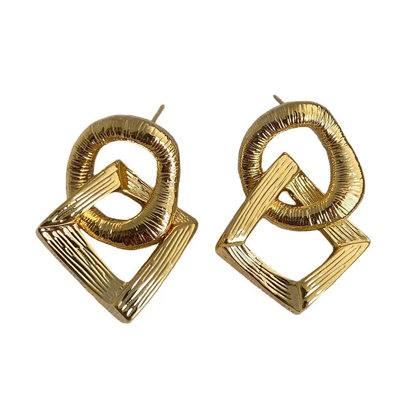 Retro geometric circle pendant earrings with 3.4cm drop in gold or silver electroplated finish