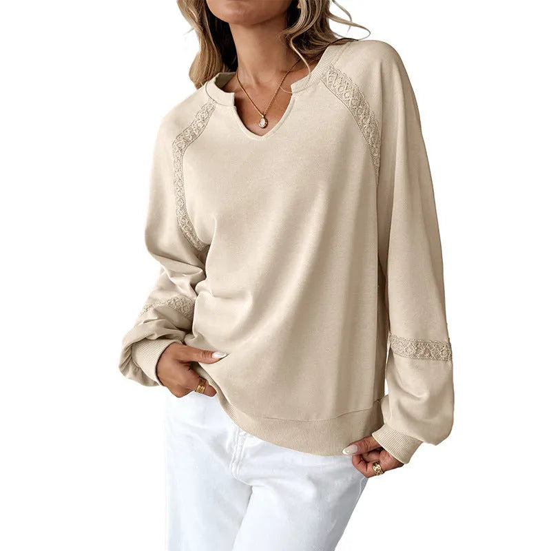 Women's loose long sleeve sweater with half-open lace collar in solid colour options