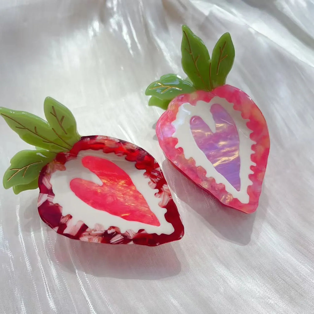 Hand-made red strawberry shaped resin hair clip with green leaf and metal clip for girls.