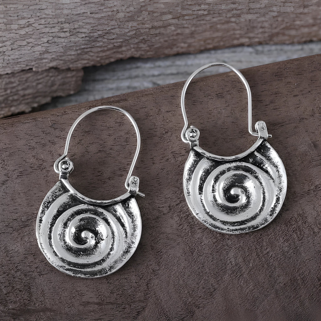 Simple geometric gypsy curved drop earrings in ancient silver zinc alloy, front view