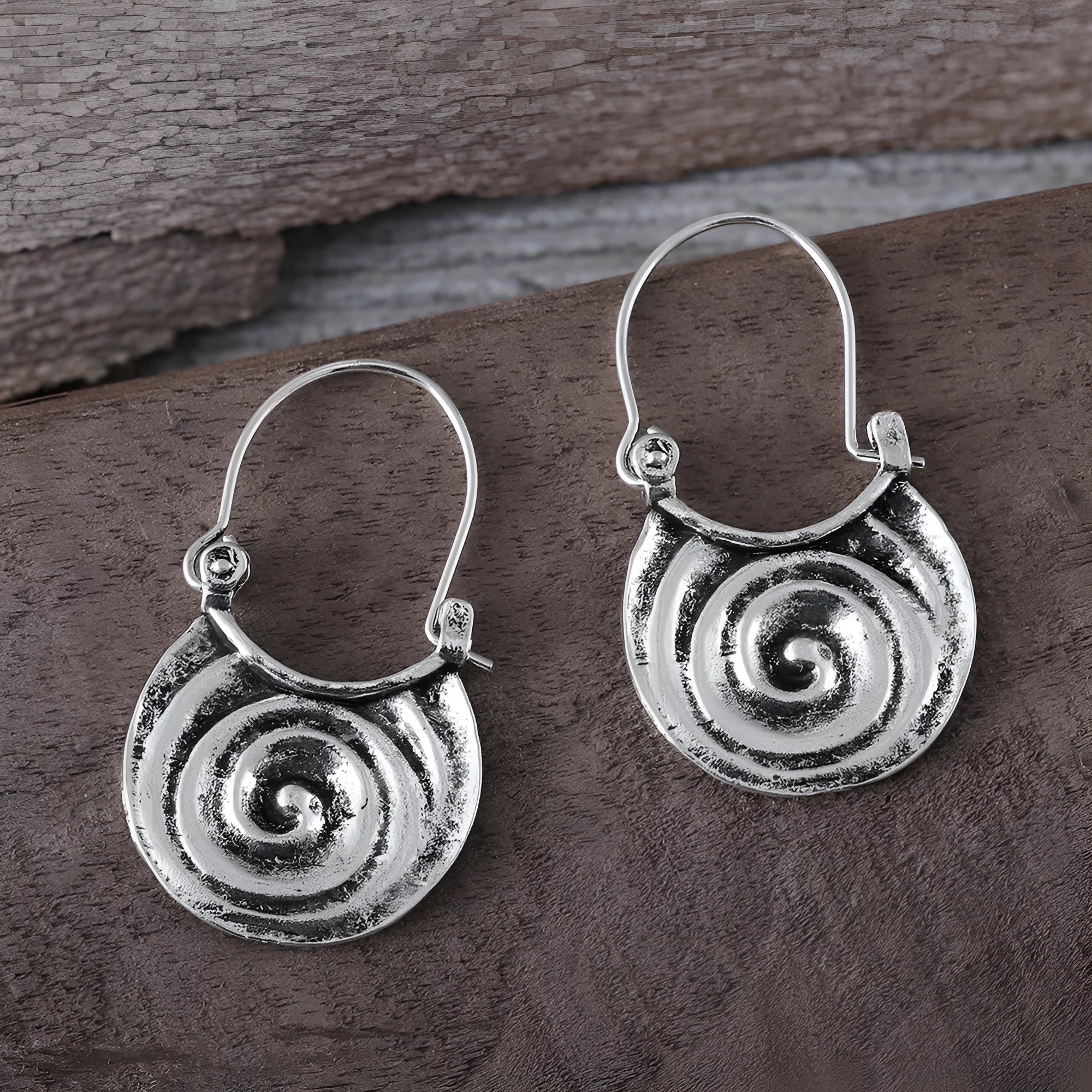 Simple geometric gypsy curved drop earrings in ancient silver zinc alloy, front view