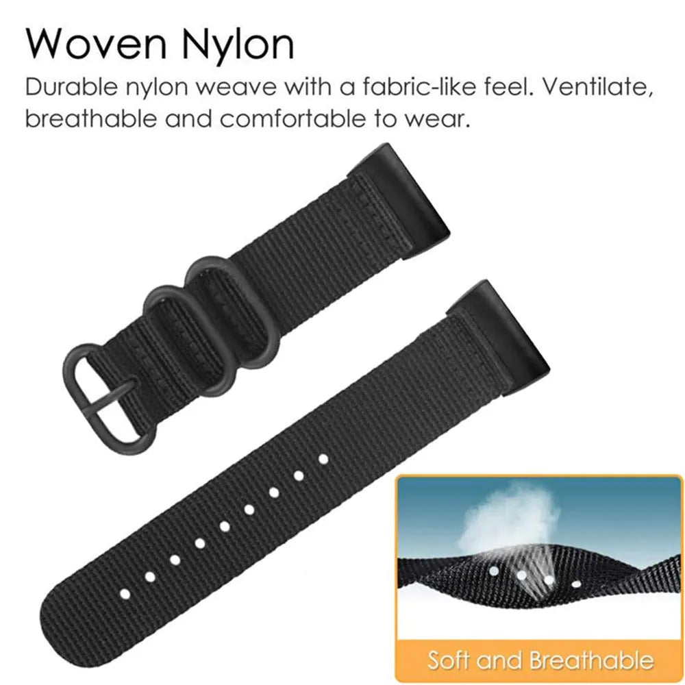 Nylon three-ring buckle replacement strap for Fitbit Charge fitness trackers in multiple colours.