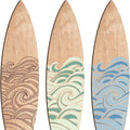 Three wooden surfboard wall decorations with European coastal design carved from boxwood