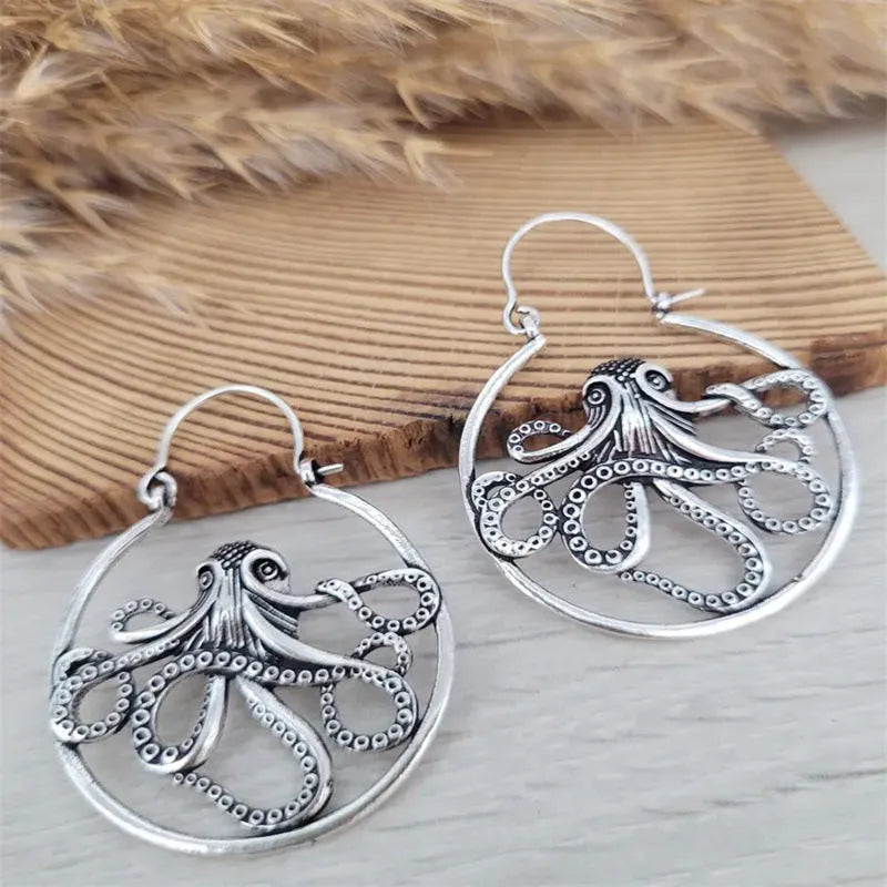 Antique silver octopus earrings with detailed animal zodiac design on zinc alloy