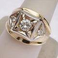 Gold geometric hollow wide face copper couple ring showing chamfering square pattern.