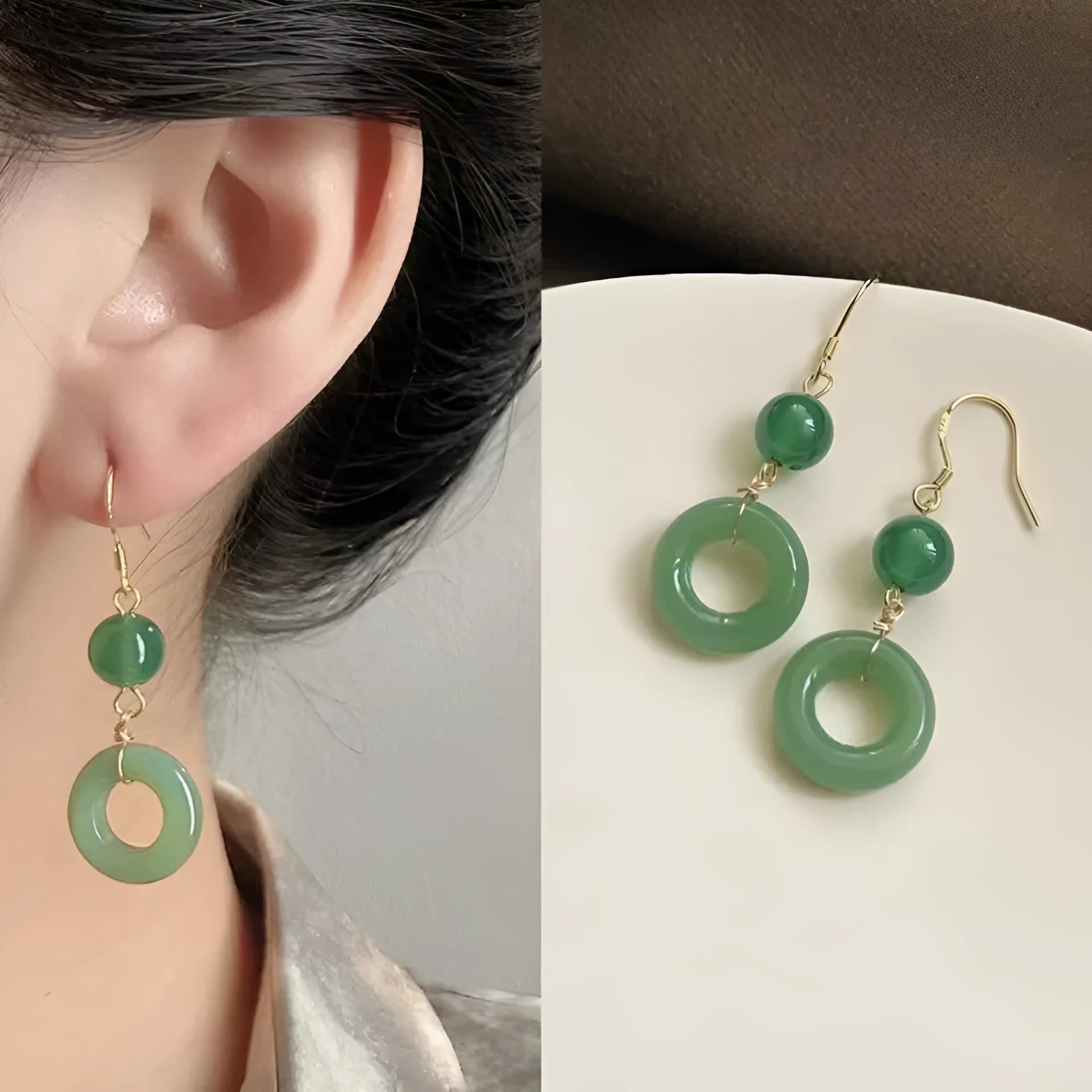 Geometric peace buckle earrings with green jade colour and 14K gold plating