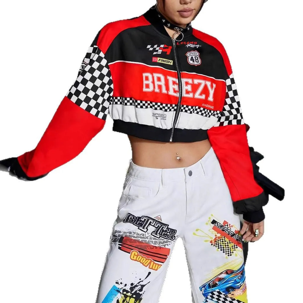 Women's loose blue geometric print zipper jacket showing front design and long sleeves