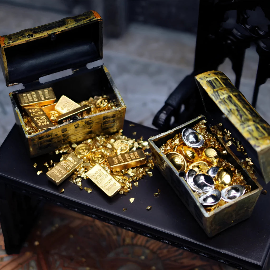Alloy gold coin treasure box dollhouse accessories with gold bars and ingots for teenagers
