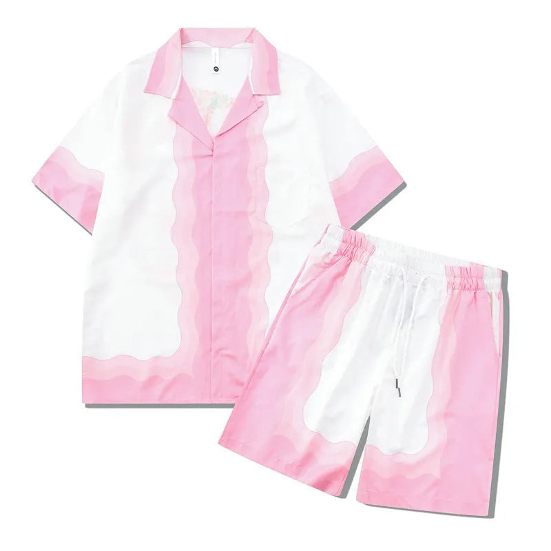 Men's plaid print beach shirt and shorts outfit set on a mannequin showing coordinated summer wear
