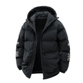 Man wearing a black hooded Korean-style winter coat with side pockets.