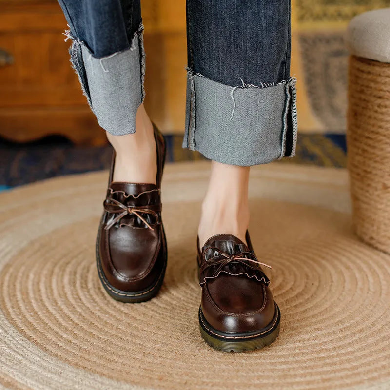 British style women's leather shoes with round toe and chunky flat heel in black or brown