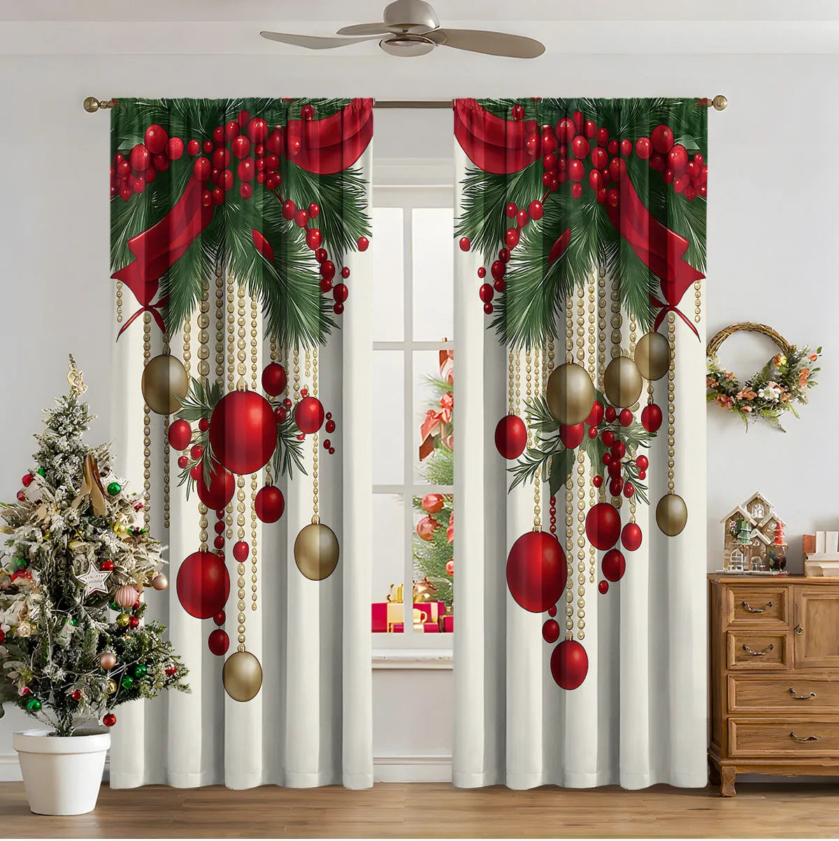 3D digitally printed Christmas curtain panel showing a modern European festive design, made from polyester fabric.