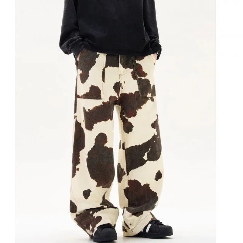 Men's straight-leg trousers with American retro cows pattern in 7698 cow colour, mid waist, and cardigan button fly