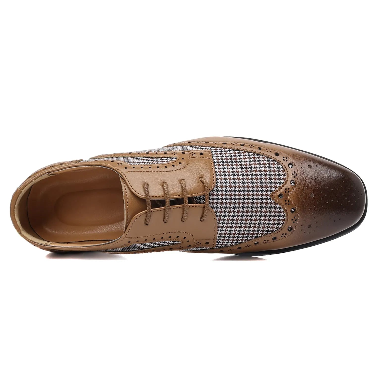 Men's houndstooth plaid casual shoes in black with a square toe and rubber sole.