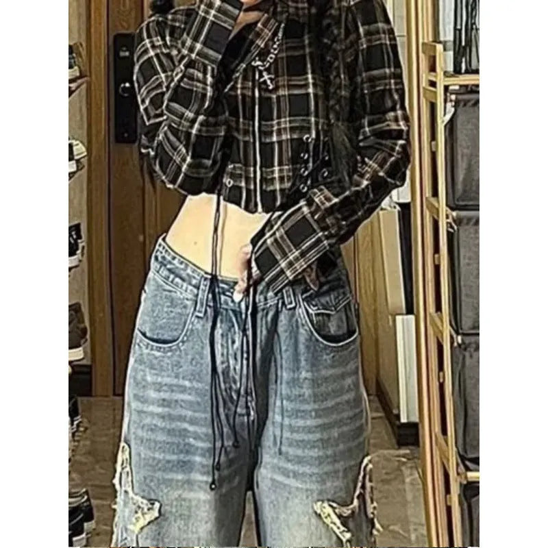 Women's blue high-waist straight-leg jeans made from cotton denim with micro-elasticity