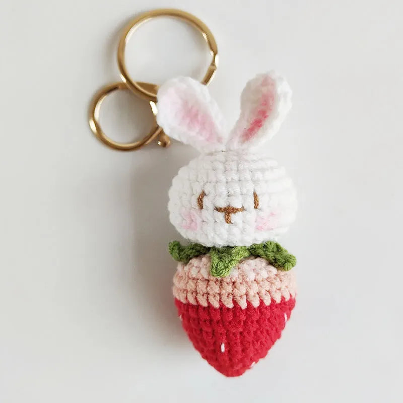 Hand-woven white rabbit strawberry pendant made from doll wire with attachment key