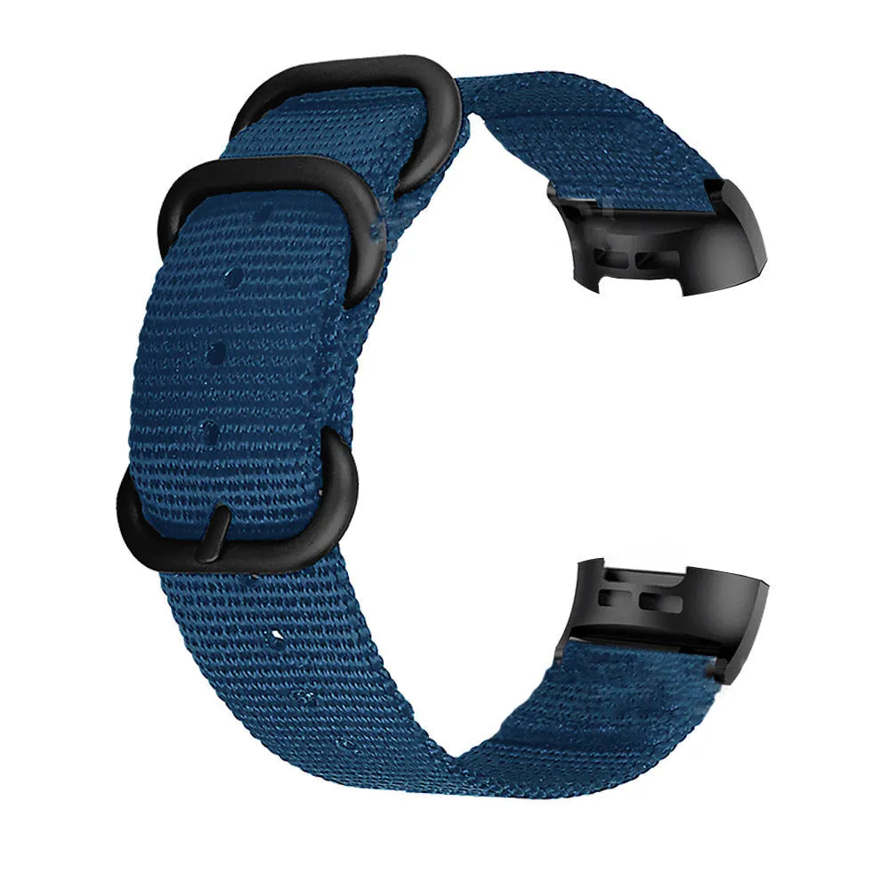Nylon three-ring buckle replacement strap for Fitbit Charge fitness trackers in multiple colours.