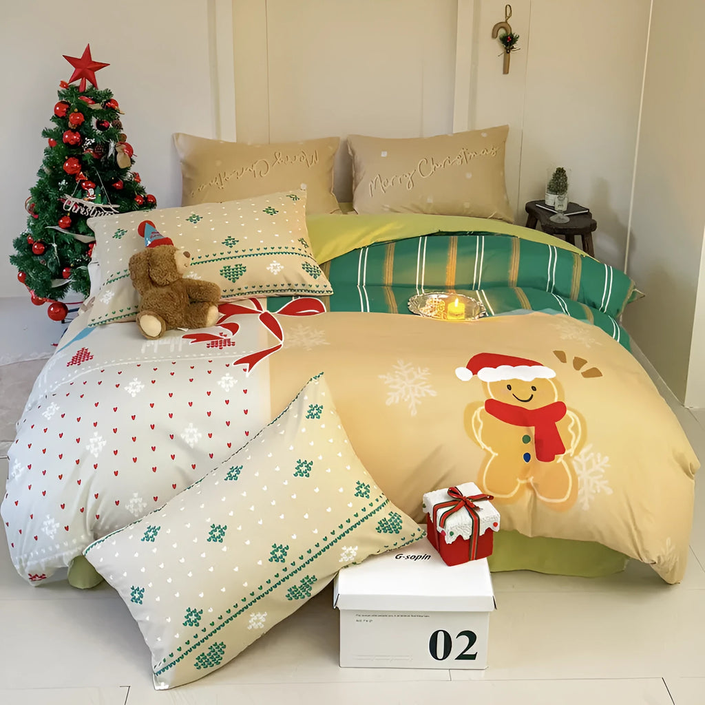 Super soft washed cotton cartoon printed bedding four-piece set on a bed, showing Gingerbread Man design.