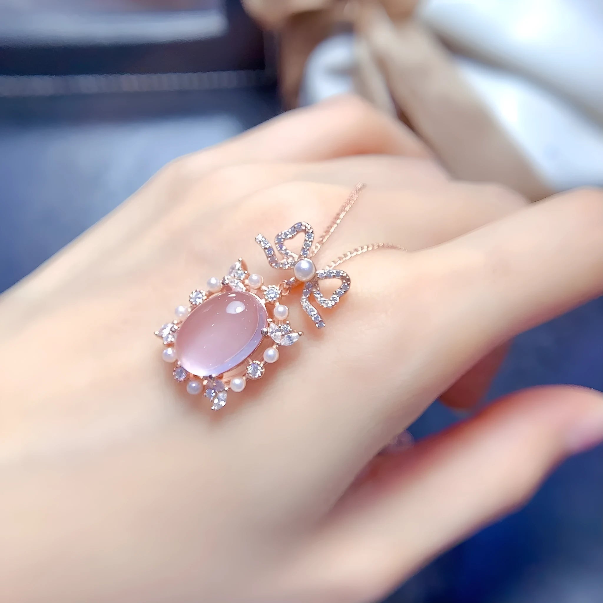 Geometric rose quartz pendant necklace with silver chain and rose gold plating