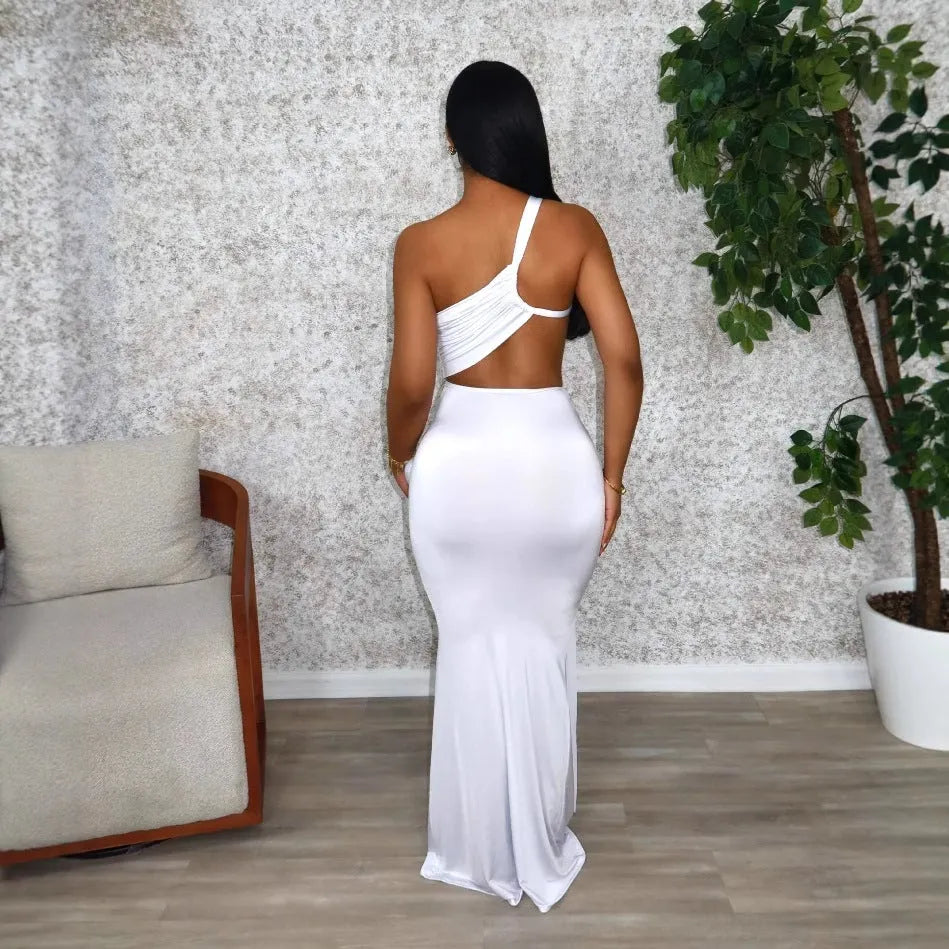 Women's solid colour one-shoulder pleated long dress in milk silk polyester on a model.